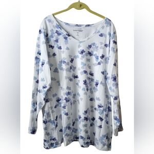 Woman Within 100% Cotton White Blue Hearts V-neck Top Large 18/20 Long Sleeves